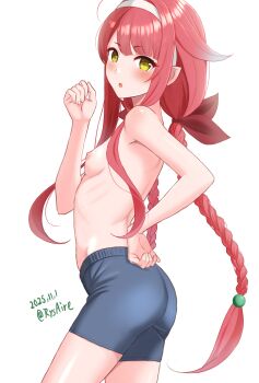 1girl ahoge ame-san asymmetrical_bangs black_shorts blush braid breasts commentary_request cowboy_shot dated from_side hair_flaps hair_ribbon hairband hand_on_own_hip headband highres kantai_collection kawakaze_(kancolle) kawakaze_kai_ni_(kancolle) long_hair looking_at_viewer low_twintails nipples open_mouth red_hair red_ribbon ribbon shorts simple_background small_breasts topless_female twin_braids twintails twitter_username very_long_hair white_background white_headband yellow_eyes