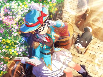 1girl adjusting_eyewear barrel black_boots blue_hat blue_jacket book boots bow box closed_mouth dog flower game_cg glasses gloves hair_over_shoulder hat hat_bow hat_feather holding holding_book hoshimi_junna jacket long_hair long_sleeves looking_at_viewer necktie official_art one_eye_closed open_book ponytail purple_hair red_bow red_necktie shirt shoujo_kageki_revue_starlight shoujo_kageki_revue_starlight_-re_live- sitting skirt smile socks solo white_gloves white_shirt white_skirt white_socks