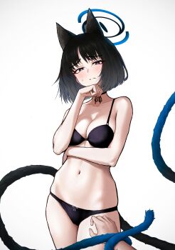 1boy 1girl absurdres animal_ears black_bra black_eyes black_hair black_panties blue_archive blush bob_cut bow bow_panties bra cat_ears choker grey_bow halo highres hip_bones kikyou_(blue_archive) kuromasa navel panties ribbon_choker short_hair simple_background sweat twintails underwear