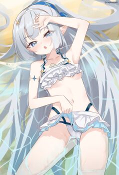 1girl absurdres armpits bare_shoulders beach bikini bikini_skirt blue_eyes blue_ribbon breasts cameltoe checkered_ribbon clothes_lift collarbone commentary extra_pupils female_tyrant_(stella_sora) frilled_bikini frills grey_hair hair_ornament hair_ribbon hairband high_ponytail highres lifting_own_clothes long_hair looking_at_viewer lying navel ocean official_alternate_costume on_back open_mouth outdoors paid_reward_available ponytail ragnaveldt ribbon sand skirt skirt_lift small_breasts solo stella_sora stomach swimsuit thighs twitter_username tyrant_(stella_sora) underboob very_long_hair water white_bikini white_hairband