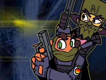 2boys balaclava beard black_eyes black_hair blue_background blue_gloves blue_shirt bulletproof_vest closed_mouth connected_beard counter-strike_(series) crash_bandicoot crash_bandicoot_(series) facial_hair finger_on_trigger fingerless_gloves fujimna furry furry_male gloves green_eyes gun handgun holding holding_gun holding_weapon looking_to_the_side male_focus multiple_boys mustache neo_cortex parody patch shirt shotgun shoulder_patch weapon wumpa_fruit