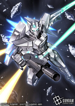 amasaki_yusuke aqua_eyes asteroid attack_trail beam_rifle commentary_request copyright_logo copyright_name copyright_notice energy_gun g_bouncer glowing glowing_eyes gun gundam gundam_age gundam_card_game holding holding_gun holding_weapon logo mecha mobile_suit no_humans official_art robot science_fiction shield solo space sword thrusters weapon