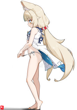 1girl absurdres animal_ears bikini blonde_hair blue_eyes blush cat_ears dress feet fins fish_tail full_body highres indie_virtual_youtuber legs loli long_hair long_twintails micro_bikini open_clothes open_dress sameko_saba side-tie_bikini_bottom simple_background solo standing swimsuit tail thighs twintails virtual_youtuber white_background zonzu