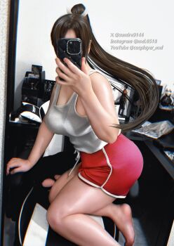1girl artist_name ass brown_hair capcom cellphone cosplay cosplay_photo dolphin_shorts fatal_fury fatal_fury:_city_of_the_wolves female_focus high_ponytail highres holding holding_phone instagram_username motoyui official_alternate_costume phone photo_(medium) pink_shorts ponytail real_life selfie shiranui_mai shiranui_mai_(casual) shiranui_mai_(cosplay) shorts smartphone snk solo street_fighter street_fighter_6 sumire9144 tank_top the_king_of_fighters twitter_username twitter_x_logo white_tank_top youtube_username