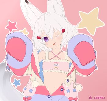 1girl :p absurdres animal_ears artist_name breasts chenki_(chenki) closed_mouth commentary cosplay criss-cross_halter english_commentary flat_color fox_ears fox_girl fox_tail halterneck highres long_sleeves navel one_eye_closed outline phase_connect pipkin_pippa pipkin_pippa_(cosplay) purple_eyes sketch sleeves_past_fingers sleeves_past_wrists small_breasts solo star_(symbol) tail tenma_maemi thick_eyebrows thick_eyelashes tongue tongue_out twitter_username virtual_youtuber white_hair white_outline