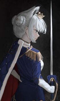 1girl animal_ear_fluff animal_ears black_background blue_cape blue_shirt cape commentary_request crown double_bun epaulettes extra_ears fox_ears fox_girl from_side fur-trimmed_cape fur_trim gloves green_eyes hair_bun highres hiiasd1 holding holding_sword holding_weapon hololive mini_crown shirakami_fubuki shirakami_fubuki_(fbkingdom) shirt short_hair sidelocks simple_background solo sword virtual_youtuber weapon white_gloves white_hair