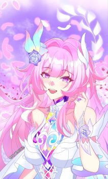 1girl artist_name bare_shoulders breasts commentary cyrene_(honkai:_star_rail) cyrene_(ripples_of_past_reverie)_(honkai:_star_rail) diamond-shaped_pupils diamond_(shape) falling_petals flower hair_flower hair_intakes hair_ornament halo highres honkai:_star_rail honkai_(series) large_breasts long_hair open_mouth petals pink_hair pointy_ears purple_eyes purple_sky sky smile solo symbol-shaped_pupils upper_body very_long_hair wholri_lim