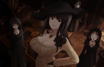 4girls absurdres aikir_(jml5160) alcina_dimitrescu alcina_dimitrescu_(cosplay) bela_dimitrescu bela_dimitrescu_(cosplay) black_dress black_hair blue_eyes breasts brooch brown_eyes brown_hair cassandra__dimitrescue_(cosplay) cassandra_dimitrescu cleavage cosplay crossover daniela_dimitrescu daniela_dimitrescu_(cosplay) dress girls_und_panzer grin hat heart highres hood indoors itsumi_erika jewelry large_breasts long_hair looking_at_viewer mature_female mother_and_daughter multiple_girls necklace nishizumi_maho nishizumi_miho nishizumi_shiho resident_evil resident_evil_village siblings silver_hair sisters smile white_dress