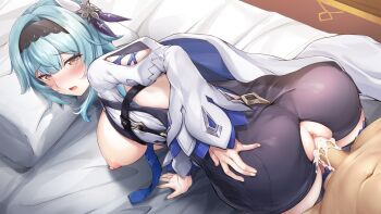 Rule 34 | 1boy, 1girl, all fours, anus, ass, bed sheet, bent over, blue necktie, blush, breasts, breasts out, cape, clothed female nude male, clothed sex, commentary request, cum, cum in pussy, eula (genshin impact), genshin impact, hair ornament, hairband, hand on own ass, hetero, highres, large breasts, large variant set, leotard, long hair, necktie, nipples, nude, on bed, penis, pillow, pineapp panda, puckered anus, pussy, sex, thighhighs, torn clothes, torn leotard, uncensored, vaginal, variant set