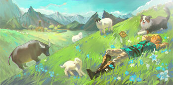 baby_animal blue_sky brown_hair brown_pants bull champion&#039;s_tunic_(zelda) day dog grass highres korok lamb light_dragon_(zelda) link lying mountain nintendo on_back outdoors pants scenery sheep sky the_legend_of_zelda the_legend_of_zelda:_tears_of_the_kingdom xinghen_az