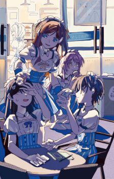 5girls absurdres apron bang_dream! bang_dream!_it's_mygo!!!!! black_hair blue_dress blue_eyes brown_eyes brown_hair can cellphone chair chihaya_anon closed_eyes closed_mouth commission convenience_store dress drink_can drink_carton grey_eyes grey_hair hair_ornament highres kaname_raana lanserongjie lawson licking_lips long_hair maid maid_headdress milk_carton multiple_girls mygo!!!!!_(bang_dream!) nagasaki_soyo notebook open_mouth panda_hair_ornament phone pink_hair puffy_short_sleeves puffy_sleeves second-party_source shiina_taki shop short_hair short_sleeves sitting smartphone standing sweatdrop table takamatsu_tomori tongue tongue_out waist_apron white_apron white_hair