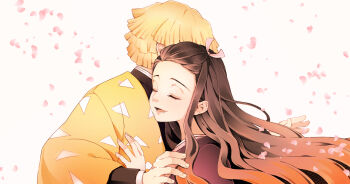 1boy 1girl agatsuma_zenitsu black_hair blonde_hair closed_eyes commentary_request demon_slayer_uniform gradient_hair hair_ribbon haori japanese_clothes kamado_nezuko kimetsu_no_yaiba long_hair multicolored_hair open_mouth orange_hair petals ribbon smile toco_(love-hmhm-tocotoco) very_long_hair yellow_haori