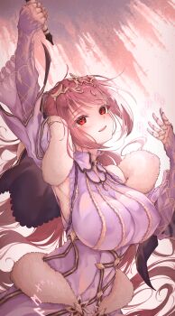 1girl absurdres arm_up armpits bare_shoulders black_choker blitz_predator blurry blush breasts brooch capelet choker commentary covered_erect_nipples depth_of_field detached_sleeves dress english_commentary fate/grand_order fate_(series) finger_cots fur-trimmed_sleeves fur_trim hand_up highres holding holding_wand jewelry large_breasts layered_sleeves long_hair long_sleeves looking_at_viewer parted_lips ponytail purple_capelet purple_dress purple_hair purple_sleeves red_eyes runes scathach_(fate) scathach_skadi_(fate) scathach_skadi_(third_ascension)_(fate) see-through_clothes see-through_sleeves sleeveless sleeveless_dress sleeves_past_wrists smile solo teeth tiara upper_body upper_teeth_only wand