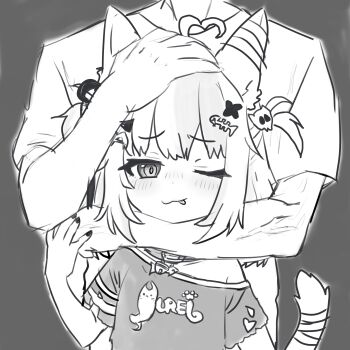 1boy 1girl :3 absurdres ahoge animal_ears cat_ears cat_girl cat_tail choke_hold highres indie_virtual_youtuber nani_(vtuber) one_eye_closed shirt short_hair sketch smile strangling t-shirt tail thedarkenjoyer tongue tongue_out two_side_up virtual_youtuber