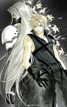 2boys 3_3lecho absurdres armor back-to-back black_background black_coat black_gloves black_pants black_vest blonde_hair blue_eyes bracer cloud_strife coat commentary earrings facing_away final_fantasy final_fantasy_vii final_fantasy_vii:_advent_children flower gloves grey_hair hair_over_eyes highres jewelry lily_(flower) long_coat long_hair looking_to_the_side male_focus multiple_boys pants parted_lips pauldrons sephiroth short_hair shoulder_armor shoulder_strap single_pauldron spiked_hair standing stud_earrings symbol-only_commentary toned toned_male upper_body very_long_hair vest waist_cape white_flower