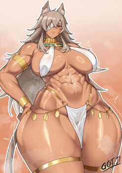 1girl abs absurdres ancient_egyptian_clothes animal_ears ankh armlet artist_name bare_shoulders bracelet cat_ears cat_girl cat_tail closed_mouth covered_erect_nipples crossed_bangs curvy dark-skinned_female dark_skin eyepatch ghislaine_dedoldia gold gold_armlet gold_bracelet gold_choker gold_thighlet got_ji_(gojich1) gradient_background grey_hair hair_between_eyes hand_on_own_hip highres jewelry loincloth long_hair looking_at_viewer muscular muscular_female mushoku_tensei navel o-ring scar scar_on_stomach shiny_skin skindentation solo steaming_body stomach tail thick_thighs thighlet thighs usekh_collar very_long_hair wide_hips