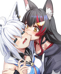 2girls =_= ahoge animal_ear_piercing animal_ears aqua_eyes biting biting_cheek black_choker black_hair black_hoodie blue_neckerchief breasts choker cleavage commentary crossed_bangs double-parted_bangs english_commentary fang flipped_hair fox_ears fox_girl hair_between_eyes hair_ornament hairclip hand_up highres hololive hood hooded_vest hoodie long_hair low_ponytail medium_breasts multicolored_hair multiple_girls neckerchief official_alternate_costume ookami_mio ookami_mio_(hoodie) open_mouth ponytail red_hair shirakami_fubuki shirakami_fubuki_(1st_costume) sidelocks simple_background sleeves_past_wrists streaked_hair two-tone_hoodie vest virtual_youtuber wavy_mouth white_background white_hair white_hoodie wolf_ears wolf_girl wszkii yellow_eyes yuri