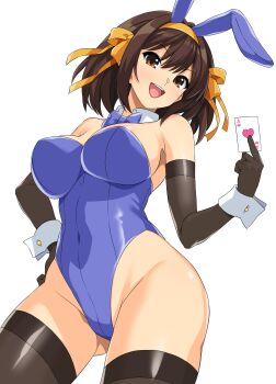 1girl :d absurdres alternate_costume animal_ears bare_shoulders blue_bow blue_bowtie blue_leotard bow bowtie breasts brown_eyes brown_gloves brown_thighhighs card cleavage commentary_request covered_navel detached_collar elbow_gloves fake_animal_ears gloves hair_ribbon haruhisky highleg highleg_leotard highres holding holding_card large_breasts leotard long_hair looking_at_viewer open_mouth playboy_bunny rabbit_ears ribbon smile solo suzumiya_haruhi suzumiya_haruhi_no_yuuutsu teeth thighhighs thighs upper_teeth_only yellow_ribbon