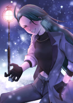 Rule 34 | 1girl, ahoge, black gloves, black shirt, bright pupils, brown eyes, coat, commentary request, earrings, eyelashes, gloves, green hair, grey coat, grey pants, grin, hand in pocket, highres, jewelry, kikyouta, lamppost, long hair, navel, necklace, night, nintendo, official alternate costume, one eye closed, open clothes, open coat, outdoors, pants, pokemon, pokemon masters ex, rika (palentine's 2026) (pokemon), rika (pokemon), shirt, smile, snowing, solo, teeth