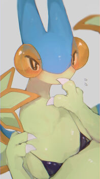 alternate_color animal_focus animal_sexualization bad_id bad_pixiv_id bikini black_bikini black_eyes blurry blush bright_pupils butter_(oshi8kyoumoh) claws clothed_pokemon covering_own_mouth depth_of_field embarrassed flygon flying_sweatdrops gen_3_pokemon grey_background hand_to_own_mouth hands_up looking_at_viewer micro_bikini nervous nintendo no_humans pokemon pokemon_(creature) raised_eyebrows shiny_pokemon shy simple_background solo string_bikini swimsuit upper_body white_pupils