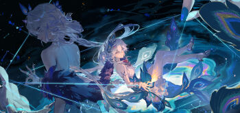 Rule 34 | 1girl, aqua dress, bare shoulders, breasts, chinese clothes, chinese commentary, commentary request, crossed legs, dress, fox shadow puppet, high heels, highres, honkai: star rail, honkai (series), long hair, medium breasts, multiple views, peacock feathers hair ornament, qqqne, sky, star (sky), starry sky, very long hair, white hair, yao guang (honkai: star rail)