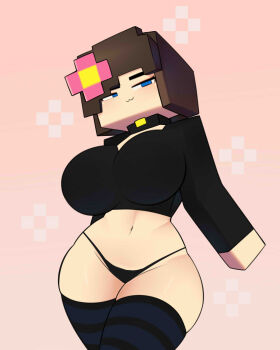 1girl bell black_panties blue_eyes breasts brown_hair choker commentary english_commentary flower hair_flower hair_ornament highres jenny_belle large_breasts long_sleeves minecraft navel panties postblue98 short_hair slipperyt solo striped_clothes striped_thighhighs thick_thighs thighhighs thighs underwear wide_hips