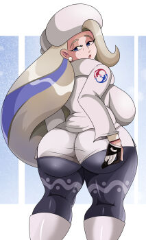 Rule 34 | 1girl, absurdres, ass, blonde hair, blue eyes, blue pantyhose, breasts, dynamax band, earrings, from behind, fur collar, fur hat, gloves, half-closed eyes, hat, highres, huge ass, jewelry, kneepits, large breasts, long hair, long sleeves, looking back, mature female, melony (pokemon), multicolored hair, nintendo, pantyhose, pantyhose under shorts, pearl earrings, plump, pokemon, pokemon swsh, shorts, side slit, side slit shorts, single glove, solo, sonson-sensei, streaked hair, sweater, thick thighs, thighs, ushanka, very long hair, white hat, white shorts, white sweater, wide hips
