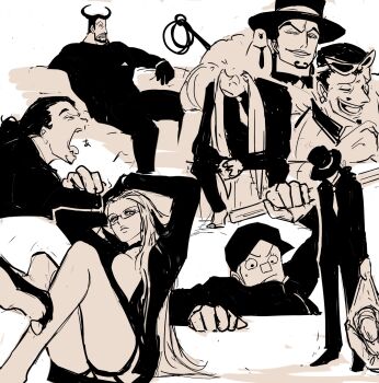 Rule 34 | 1girl, 6+boys, animal, animal on shoulder, beard, bird, bird on shoulder, blueno, commentary request, eyelashes, eyewear on head, facial hair, garter straps, glasses, gloves, goatee, greyscale, hat, hattori (one piece), high heels, highres, jabra (one piece), kaku (one piece), kalifa (one piece), kumadori (one piece), long hair, monochrome, multiple boys, multiple views, one piece, pigeon, rob lucci, smile, sutaneko, yawning