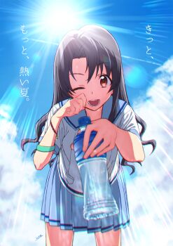 1girl arm_strap bottle cloud cloudy_sky cowboy_shot highres holding holding_bottle idolmaster idolmaster_million_live! incoming_drink looking_at_viewer one_eye_closed outdoors school_uniform serafuku signature sky solo sunburst sunlight sweatdrop takayama_sayoko translation_request wakou_(zassou_tamashi)