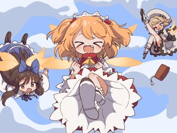 &gt;_&lt; 3girls :d ascot black_hair blonde_hair blue_bow blue_dress blush bow brown_eyes clenched_hands dress drill_hair fairy_wings falling fang from_below hair_bow hashtag-only_commentary highres incoming_kick leg_up long_hair luna_child magg_(user_mtca8588) medium_hair multiple_girls nose_blush open_mouth red_dress red_eyes sky smile socks star_sapphire sunny_milk sweat touhou two_side_up white_socks wings xd yellow_ascot