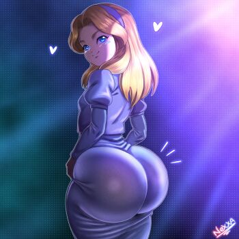 absurdres artist_name ass blonde_hair blue_dress blue_eyes blue_hairband blush dotted_background dress hairband highres huge_ass kyojiri_loli long_hair looking_at_viewer looking_back maria_robotnik medium_hair nexxa smile smug sonic_(series) sonic_adventure_2