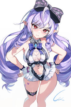 1girl absurdres ahoge animal_print bare_shoulders black_bow black_nails blue_gemstone blush bow bowtie breasts butterfly_print closed_mouth clothing_cutout commentary_request corsa_24 cowboy_shot drill_hair drill_sidelocks frilled_one-piece_swimsuit frilled_wrist_cuffs frills gem hair_bow hands_on_own_hips head_tilt heart_cutout highres long_hair looking_at_viewer medium_breasts navel no_mole official_alternate_costume one-piece_swimsuit pink_bow pointy_ears purple_bow purple_bowtie purple_hair red_eyes see-through_clothes sideboob_cutout sidelocks signature simple_background solo stomach_cutout swimsuit tears thigh_strap two-tone_one-piece_swimsuit v-shaped_eyebrows vivian_banshee vivian_banshee_(iris_of_the_shore) white_background white_one-piece_swimsuit wrist_cuffs zenless_zone_zero