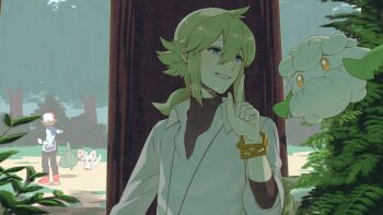 2boys bag bangle baseball_cap boots bracelet bush collared_shirt cottonee day gen_5_pokemon green_hair hair_between_eyes hand_up hat highres hilbert_(pokemon) hood hood_down hooded_jacket index_finger_raised jacket jewelry long_hair male_focus minccino multiple_boys n_(pokemon) nagiru nintendo outdoors pants parted_lips pokemon pokemon_(creature) pokemon_bw shirt smile tree trubbish undershirt