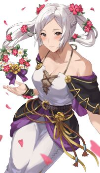 1girl armpit_crease artist_request bare_shoulders belt blush bouquet breasts brooch capelet cleavage collarbone crease dress eyelashes falling_petals female_focus female_robin_(fire_emblem) female_robin_(valentine)_(fire_emblem) fingerless_gloves fingernails fire_emblem fire_emblem_awakening fire_emblem_heroes flower gloves hair_flower hair_ornament hand_up happy highres intelligent_systems jewelry leaning_to_the_side light_smile long_dress long_hair looking_at_viewer medium_breasts mermaid_dress neck nintendo off-shoulder official_alternate_costume petals rope_belt scan sidelocks simple_background sleeveless sleeveless_dress spaghetti_strap swept_bangs tight_clothes tight_dress twintails white_background white_hair yellow_eyes
