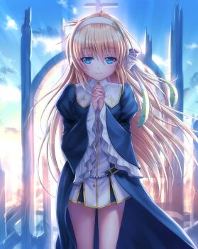 Rule 34 | 1girl, black dress, black footwear, blonde hair, blue eyes, blue sky, cloud, commentary request, cowboy shot, day, dress, goto p, hairband, harmonia (key), long hair, long sleeves, looking at viewer, outdoors, own hands clasped, own hands together, puffy sleeves, shiona (harmonia), sky, solo, standing, very long hair, white dress, white hairband