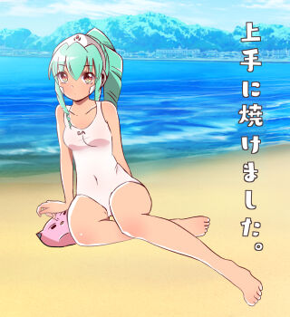 1girl beach breasts collarbone covered_navel drill_hair drill_sidelocks full_body galaxy_angel green_hair hair_ornament highres long_hair looking_at_viewer medium_breasts medium_hair new_yorker_(togawa_hamasaki) normad ocean on_floor one-piece_swimsuit outdoors ponytail red_eyes sand sidelocks solo swimsuit tan translation_request vanilla_h white_one-piece_swimsuit