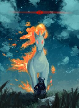 1girl 2others absurdres akari_(pokemon) alpha_pokemon bidoof black_hair brown_fur cloud fiery_hair fire flame-tipped_tail galaxy_expedition_team_survey_corps_uniform gameplay_mechanics gen_1_pokemon gen_4_pokemon glowing glowing_eyes hashtag-only_commentary headscarf highres horns horse kureiro_natsuhi long_hair multiple_others night nintendo outdoors poke_ball poke_ball_(basic) pokemon pokemon_(creature) pokemon_legends:_arceus rapidash red_eyes red_scarf scarf single_horn sky star_(sky) tail unicorn v-shaped_eyebrows white_fur