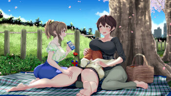 3girls ass barefoot basket black_panties black_shirt blush breasts brown_hair cherry_blossoms drink_carton fence flower hanami high-waist_skirt highres hori_yuko idolmaster idolmaster_cinderella_girls juice_box katagiri_sanae large_breasts miniskirt monobe_yuri multiple_girls nature oikawa_shizuku orange_eyes orange_hair panties pants parted_hair petals picnic_blanket ponytail rubik's_cube shirt short_hair skirt smile tree under_tree underwear upskirt yuri