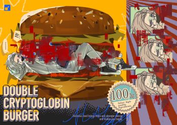 ! !! ... 2boys ahoge aotsuki_eito black_gloves black_hair black_pants black_shoes blue_eyes blue_jacket burger chinese_commentary closed_eyes commentary_request covered_mouth english_text eyelashes food glasses gloves gracefulwidow0726 grey_hair hand_on_another&#039;s_chest highres hood hood_down hooded_jacket in_food jacket long_sleeves male_focus multicolored_hair multiple_boys pants purple_eyes rectangular_eyewear red_hair shoes short_hair sneakers speech_bubble spoilers spoken_ellipsis spoken_exclamation_mark streaked_hair sumino_takumi the_hundred_line_-last_defense_academy- two-tone_hair variant_set white_jacket white_pants white_shoes yaoi