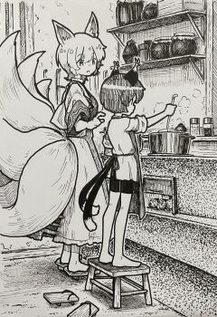 2girls absurdres alternate_costume animal_ear_fluff animal_ears barefoot cat_ears cat_tail chen commentary_request cooking cooking_pot dress firewood fox_ears fox_tail geta highres holding holding_ladle kitsune ladle long_sleeves monochrome multiple_girls multiple_tails nekomata no_headwear on_stool open_mouth short_hair slice_of_life stool stove suteruko tail touhou traditional_media two_tails wood-burning_stove wooden_stool yakumo_ran