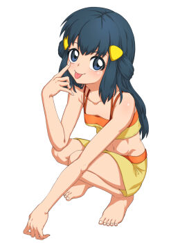 1girl bad_id bad_pixiv_id barefoot bikini blue_eyes blue_hair blush dawn_(pokemon) feet female_focus fingernails highres loli long_hair looking_at_viewer matching_hair/eyes navel nintendo pokemon pokemon_dppt simple_background skirt solo solo_focus swimsuit toenails toes tongue tongue_out white_background