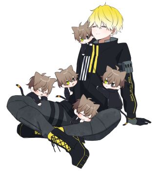 2boys :&lt; :3 :t alban_knox animal animal_ears animal_on_head animal_on_shoulder arm_support black_jacket black_shoes blonde_hair blush boots brown_hair cat_boy cat_ears cat_tail chibi clinging clone closed_eyes commentary_request crossed_legs green_eyes grey_eyes grey_pants happy heterochromia jacket kemonomimi_mode long_sleeves looking_at_another male_focus multiple_boys nana72710193 nijisanji nijisanji_en on_head on_lap pants shoes short_hair sonny_brisko sonny_brisko_(1st_costume) tail virtual_youtuber