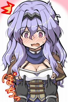 1girl blush breasts cleavage commentary_request embarrassed epic_seven flustered gloves hairband helen_(epic_seven) long_hair medium_breasts open_mouth poking_another&#039;s_breast purple_hair solo_focus tsuzuri_(tuzuri) wavy_hair