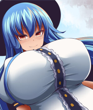 alternate_breast_size_(larger) breasts gero_zoukin hat hinanawi_tenshi large_breasts simple_background solo touhou white_background