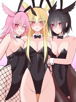 3girls absurdres animal_ears bare_shoulders black_hair black_leotard blonde_hair blush breasts brown_pantyhose cleavage covered_navel detached_collar fake_animal_ears fake_tail fate/grand_order fate_(series) fishnet_pantyhose fishnets head_wings highleg highleg_leotard highres hildr_(fate) large_breasts leotard long_hair looking_at_viewer mcpc_zamurai multiple_girls one_eye_closed ortlinde_(fate) pantyhose pink_hair playboy_bunny rabbit_ears rabbit_tail red_eyes short_hair sidelocks smile tail thighs thrud_(fate) valkyrie_(fate) wings wrist_cuffs