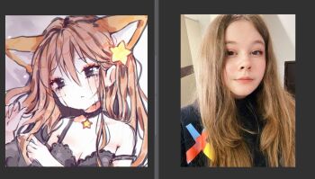 2girls :< animal_ears annytf anyuu armpit_crease art_program_in_frame artist_self-insert bare_shoulders black_bra black_choker black_eyes bra breasts brown_hair choker cleavage clip_studio_paint_(medium) collarbone commentary dot_nose english_commentary fox_ears fox_girl hair_between_eyes hair_ornament hands_up lingerie long_hair long_sleeves looking_ahead makeup medium_breasts multiple_girls off_shoulder official_art one_side_up orange_fur original real_life_insert runny_makeup self-portrait single_off_shoulder star_(symbol) star_choker star_hair_ornament strap tears underwear virtual_youtuber