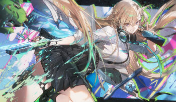 1girl ame_jang black_nails black_skirt blonde_hair blue_eyes breasts can charm_(object) chinese_commentary clang_bang_(wuthering_waves) commentary_request fingernails graffiti grin hair_ornament headphones headphones_around_neck highres holding holding_can long_hair looking_at_viewer lynae_(wuthering_waves) medium_breasts nail_polish shirt shirt_tucked_in skirt skull_hair_ornament smile solo spray_can v white_shirt wuthering_waves