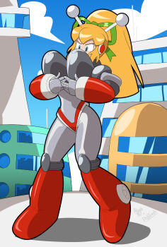 alternate_breast_size_(larger) antennae armor armored_boots armored_gloves arms_up atomictiki bikini_armor blonde_hair blue_eyes blue_sky boots breasts city cityscape cloud cloudy_sky grabbing_own_breast green_ribbon hair_ribbon hairband headphones highres huge_breasts hyper_roll_(marvel_vs._capcom) joints knee_boots large_breasts long_hair looking_at_viewer marvel_vs._capcom mechanical_arms mechanical_boots mechanical_legs mega_man_(classic) mega_man_(series) ponytail radio_antenna red_armor ribbon robot robot_girl robot_joints roll_(mega_man) shoulder_armor sidelocks sky smile