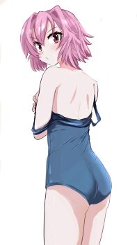 Rule 34 | 1girl, alternate costume, ass, back, blue one-piece swimsuit, blush, commentary request, cowboy shot, double strap slip, from behind, hair between eyes, hair intakes, highres, kantai collection, looking at viewer, medium hair, one-hour drawing challenge, one-piece swimsuit, pink hair, pout, red eyes, school swimsuit, sidelocks, simple background, sirayuki0328081, solo, strap slip, swimsuit, tama (kancolle), thighs, turning head, white background