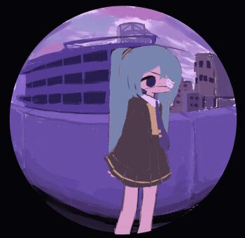 1girl accident against_fourth_wall alternate_costume animated animated_gif arms_behind_back balcony black_jacket black_skirt blue_hair building che_(cagelabyrinth) clumsy collared_shirt eyepatch falling fisheye hatsune_miku highres in_the_face jacket long_hair long_sleeves medical_eyepatch monitoring_(vocaloid) necktie parody pleated_skirt pov_peephole purple_eyes purple_necktie purple_sky ringed_eyes shirt skirt sky smile solo twintails vocaloid yellow_shirt